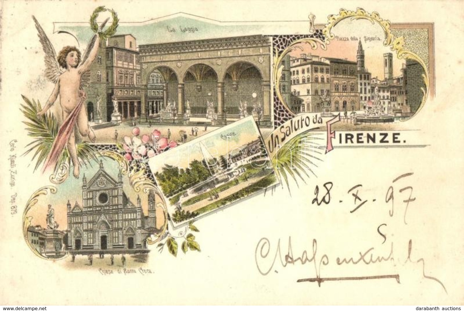 T2 1897 Firenze, Florence; La Loggia, Piazza Della Signoria, Casine, Chiesa Di Santa Croce. Carlo Künzli 879. Floral, Ar - Non Classificati