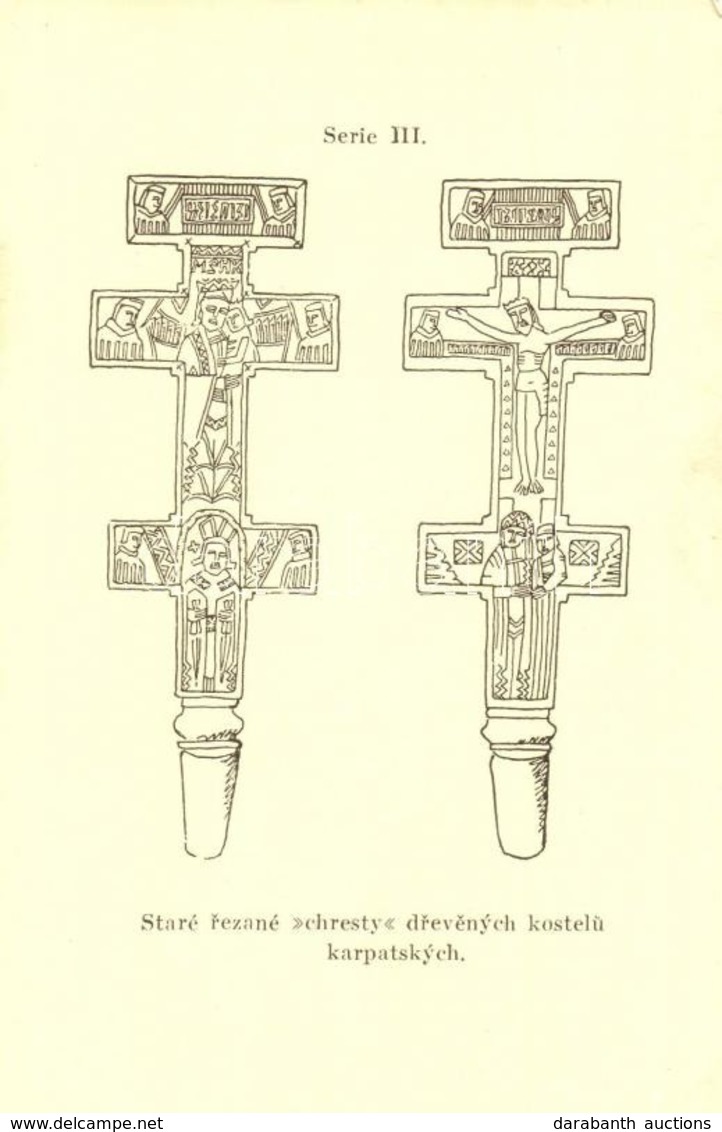 ** T1/T2 Serie II. Staré Rezané 'chresty' Drevenych Kostelu Karpatskych / Transcarpathian Folklore, Wooden Christ Cross - Unclassified