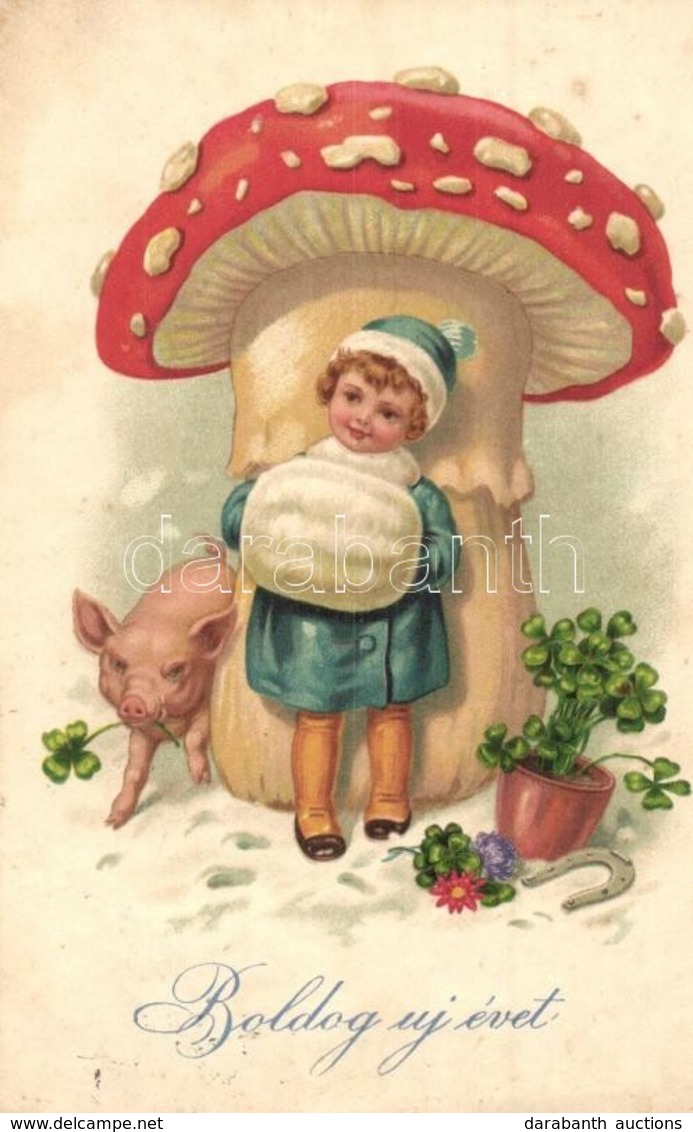 T2 Boldog Új Évet / New Year Greeting Art Postcard With Girl And Mushroom. Amag No. 2618. Litho - Unclassified