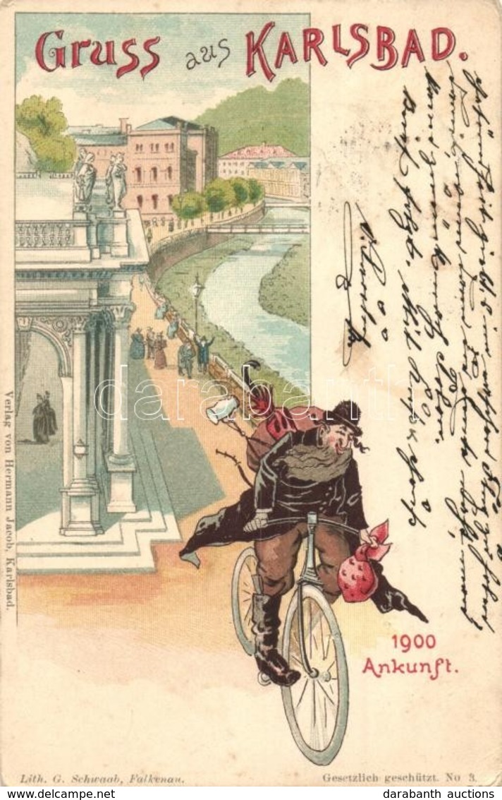 T2/T3 1898 Gruss Aus Karlsbad! 1900 Ankunft / Czech Jewish Man On Bicycle In Karlovy Vary. Judaica. Verlag Von Hermann J - Unclassified