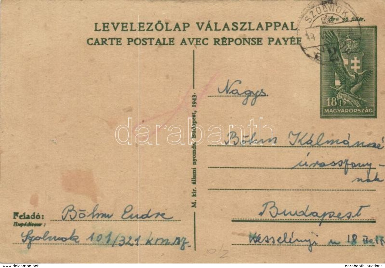 T2/T3 1943 Böhm Endre Zsidó 101/321. KMSZ (közérdekű Munkaszolgálatos) Levele Az Szolnoki Munkatáborból / WWII Letter Of - Ohne Zuordnung
