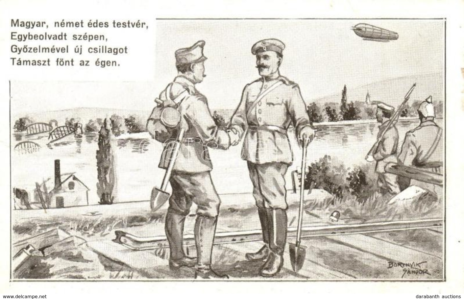T2/T3 Magyar, Német édes Testvér. / WWI K.u.K. Military Viribus Unitis Art Postcard, Zeppelin Airship S: Bortnyik Sándor - Ohne Zuordnung
