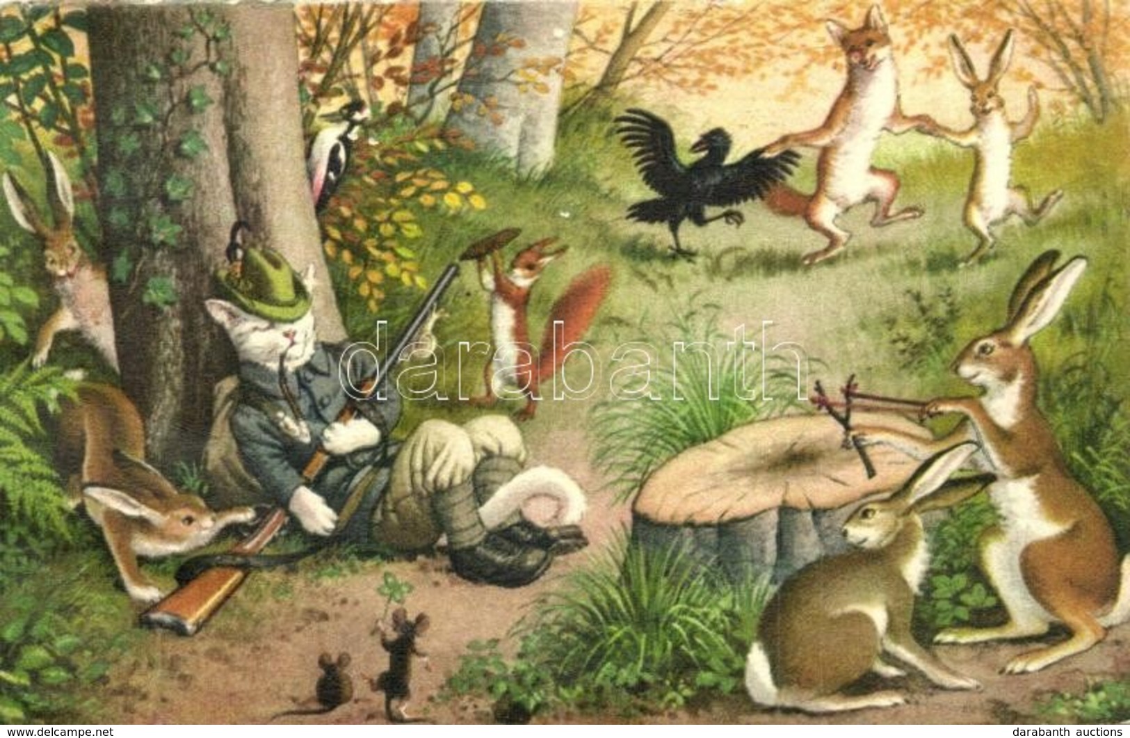 T2/T3 Cat Hunter With Rabbits, Fox And Squirrel. Max Künzli No. 4729. - Modern Postcard  (fa) - Unclassified