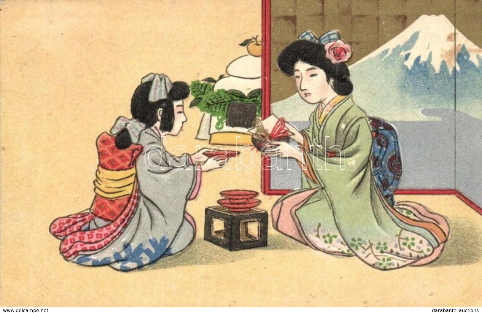 T2/T3 Japanese Folklore, Geisha, Family. Emb. Art Postcard (EK) - Non Classificati