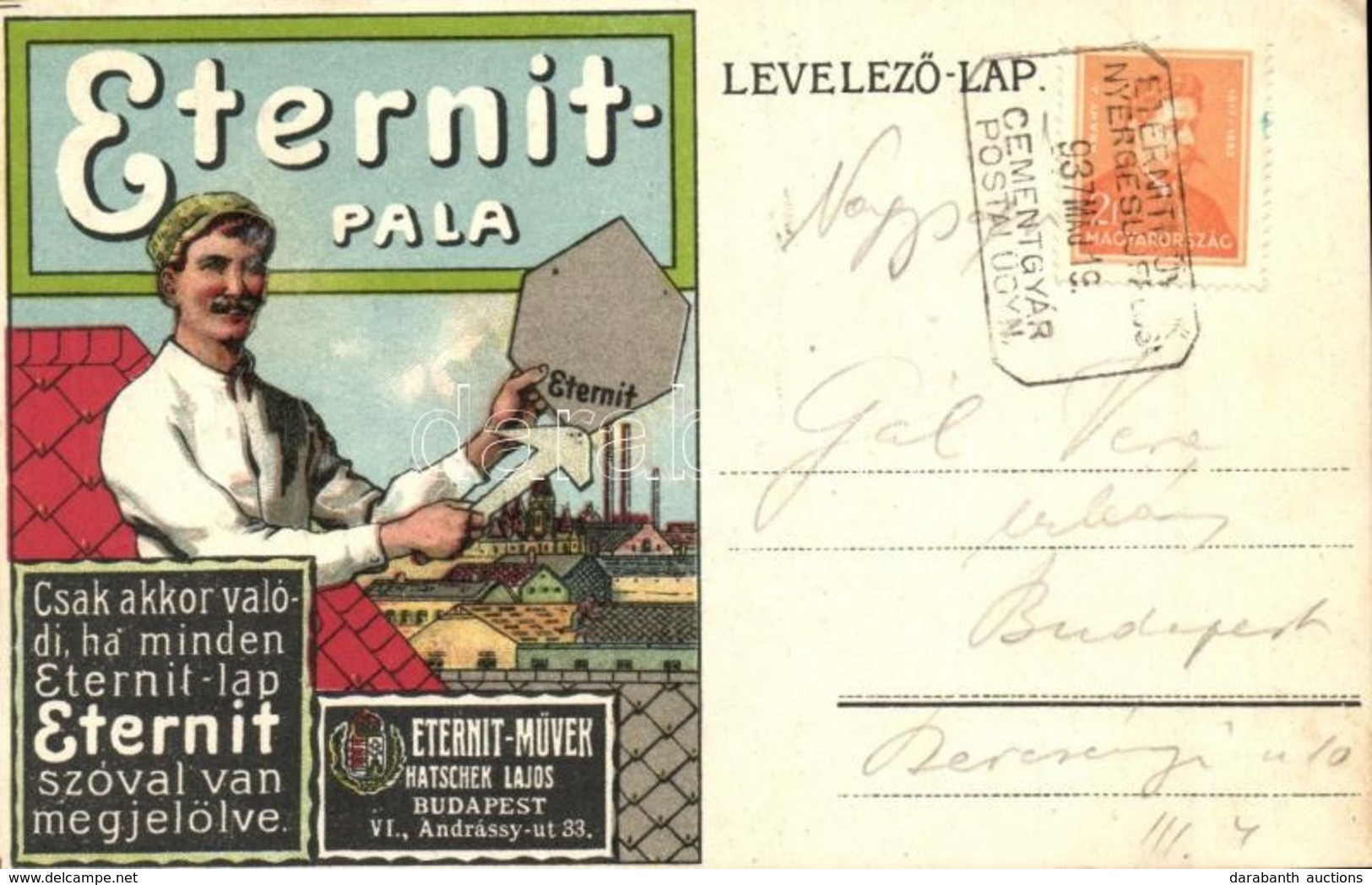 T2/T3 Eternit-Pala. Hatschek Lajos Eternit-Művek Reklámlapja / Hungarian Roof Tile Advertisement Card. Litho  (EK) - Unclassified