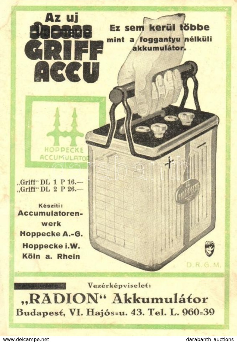 ** T2 Az új Griff Accu. Radion Akkumulátor Reklámlapja / Hungarian Battery Advertisement Card - Unclassified