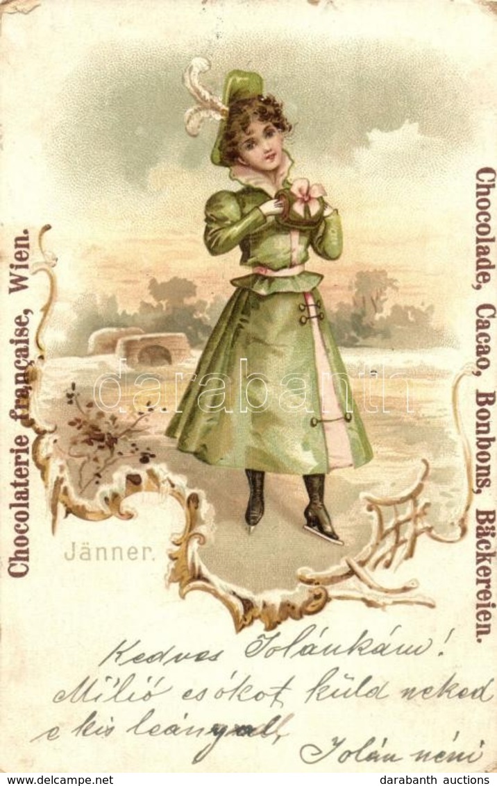 T2/T3 Jänner. Chocolaterie Francaise, Wien / Ice Skating Lady. French Chocolate Advertisement Card, Art Nouveau, Litho - Non Classés