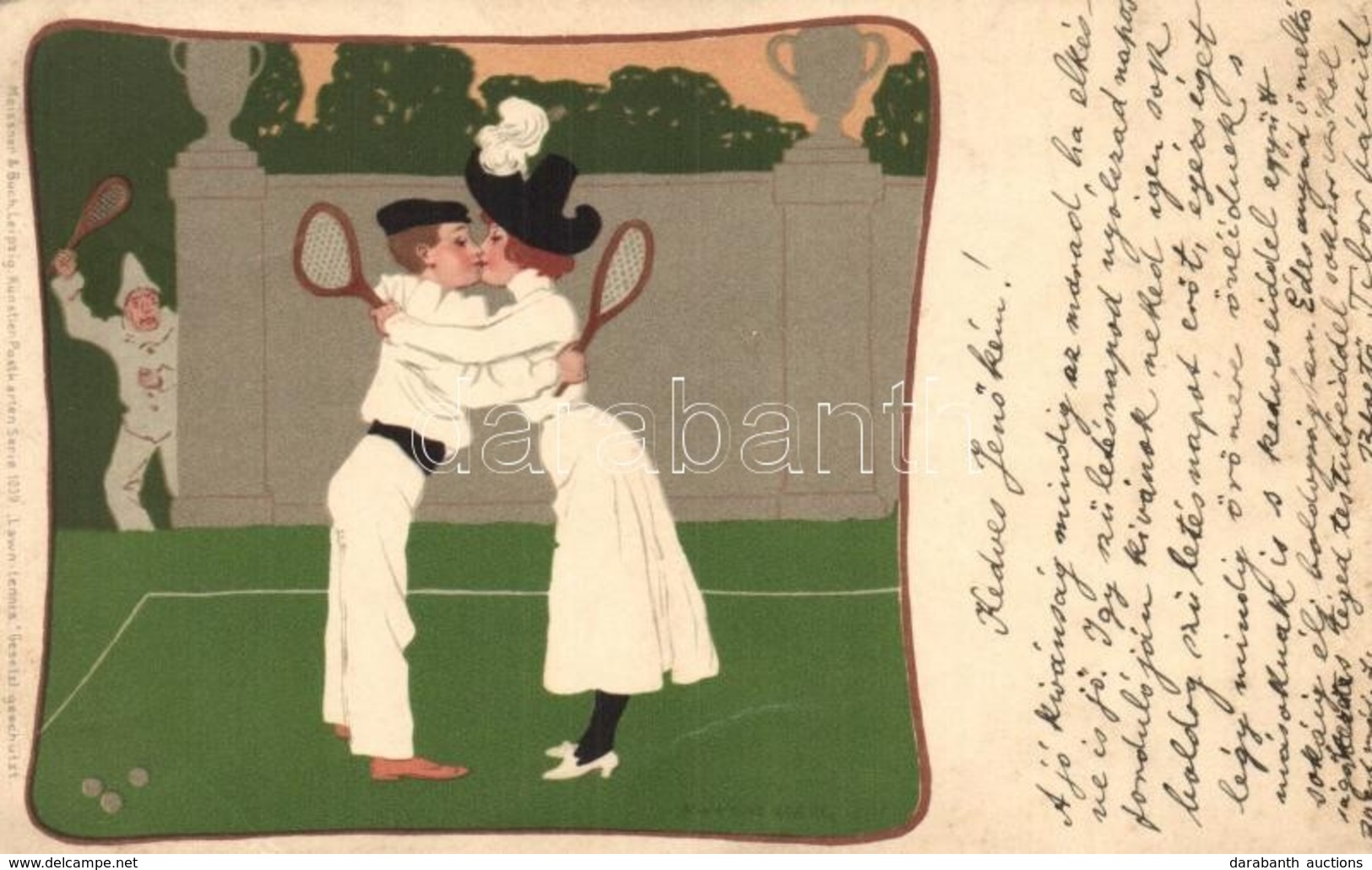 T2/T3 Lawn-Tennis / Couple Kissing During Tennis Match. Meissner & Buch Künstler-Postkarten Serie 1039. Litho S: B. Wenn - Non Classificati