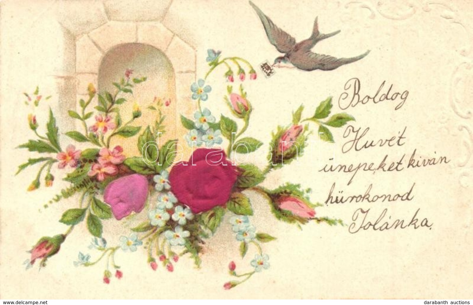 T2 Boldog Húsvéti Ünnepeket! / Easter Greeting Card With Flowers. Emb. Silk Litho - Unclassified