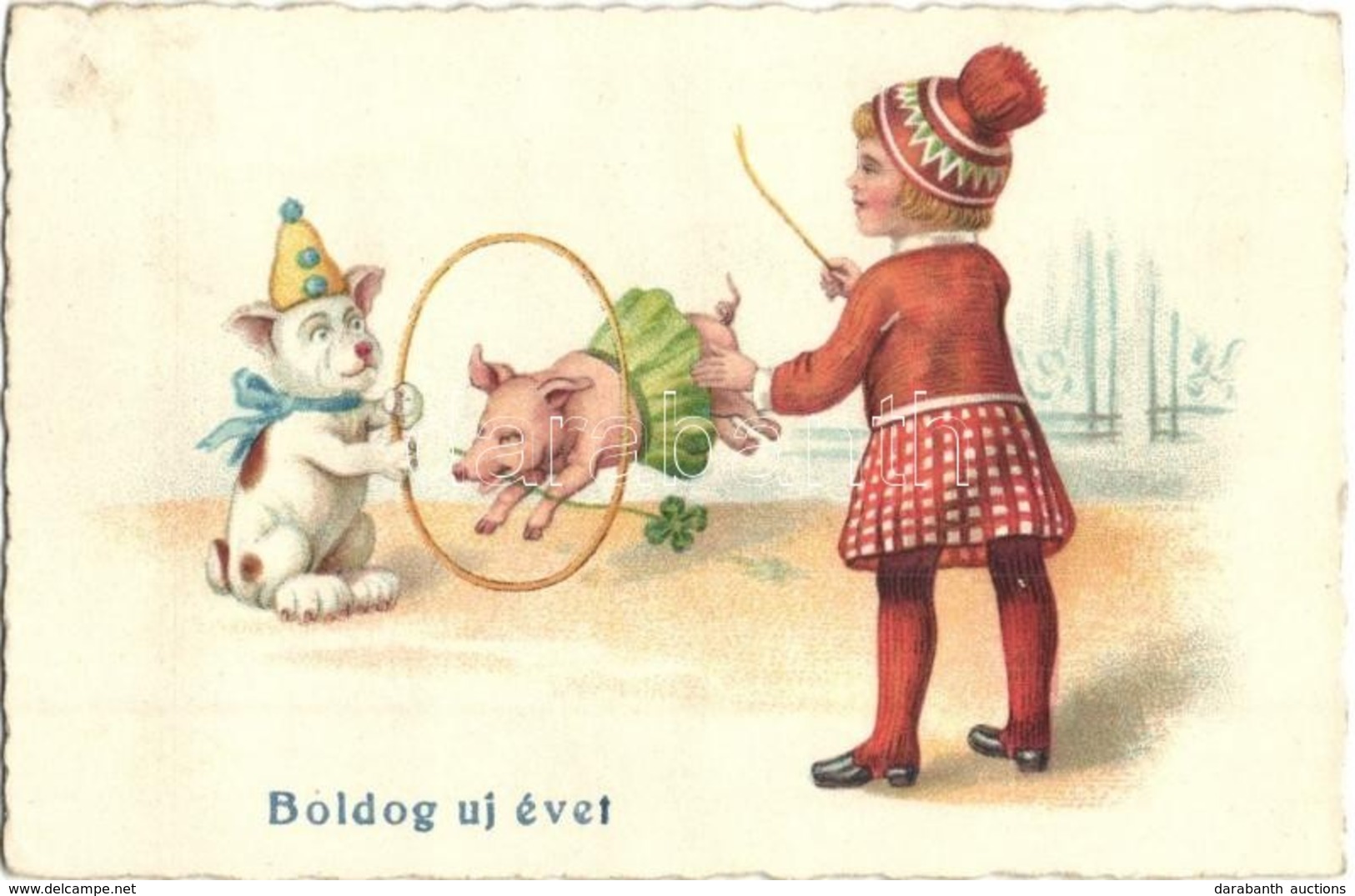 T2/T3 Boldog Újévet! / New Year Greeting Art Postcard With Circus Dog And Pig. Litho  (EK) - Non Classificati