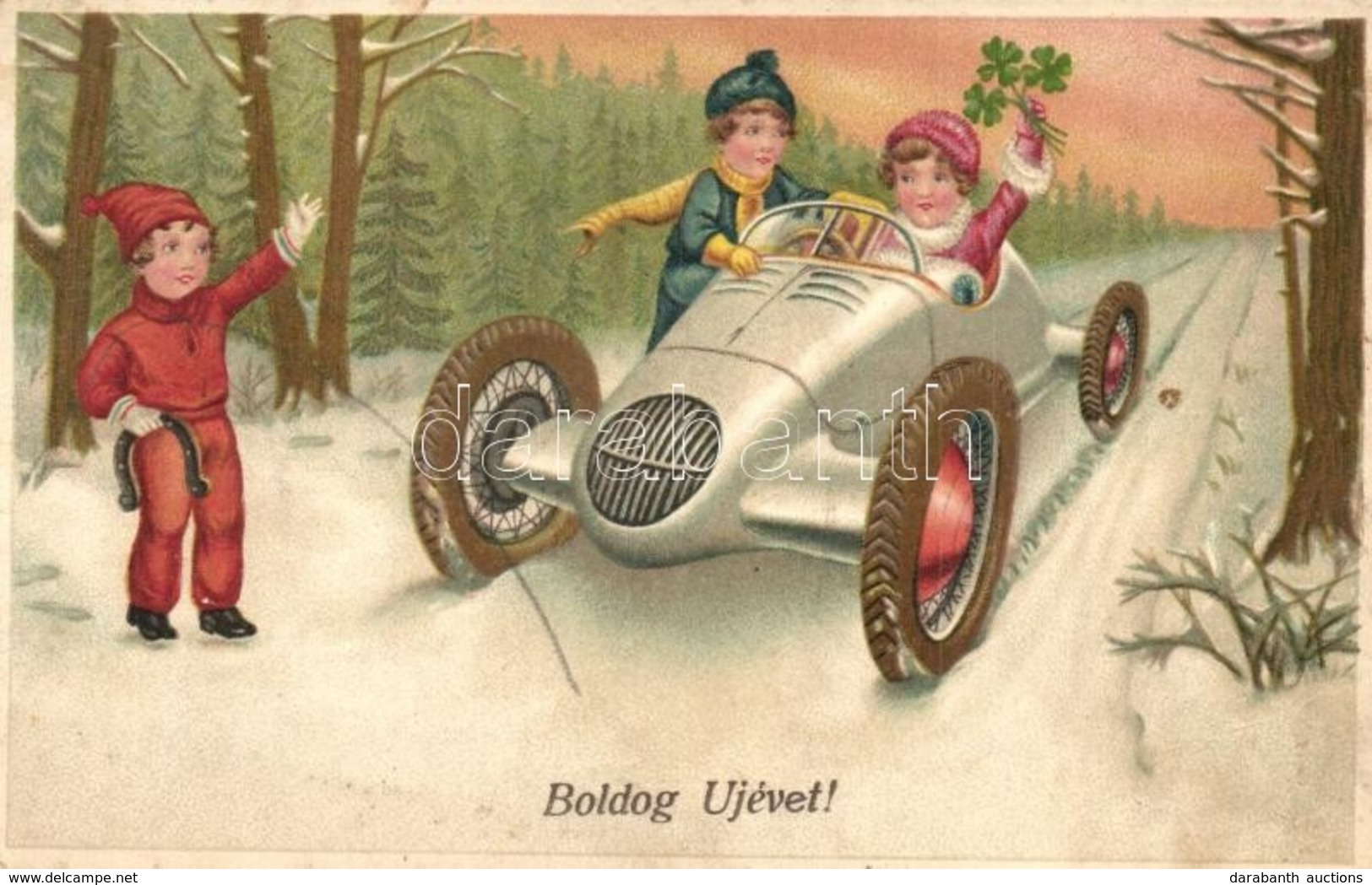 T2/T3 Boldog Új Évet / New Year Greeting Art Postcard With Children In Automobile. B. Co. B. 4964/2. Litho - Unclassified