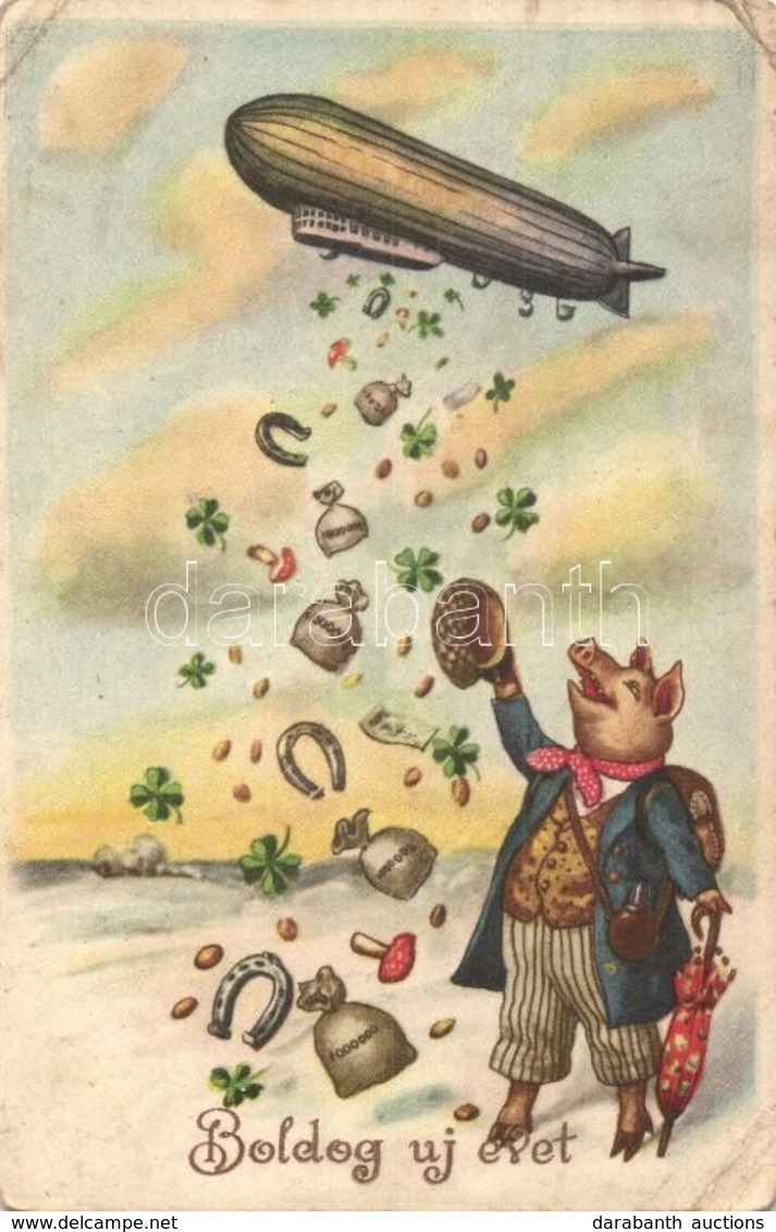 T2/T3 Boldog Új Évet / New Year Greeting Art Postcard With Pig Gentleman And Airship. L&P 2869. (EK) - Ohne Zuordnung
