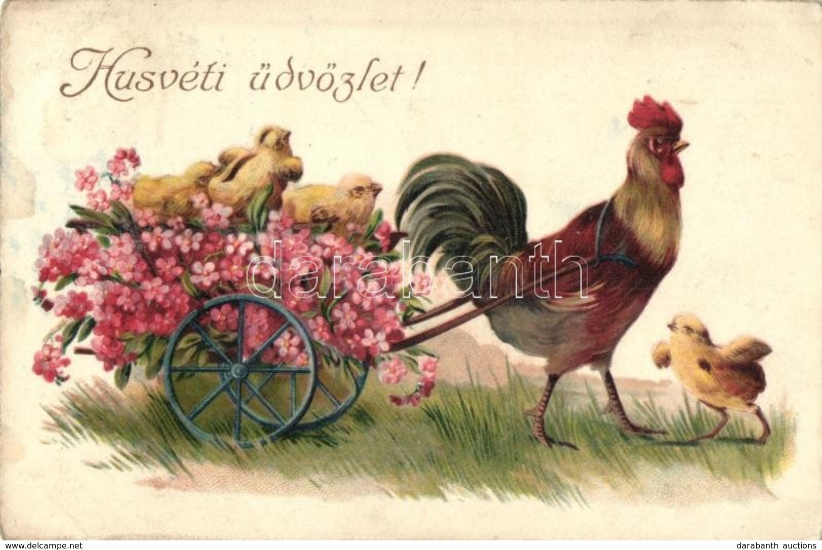 T2/T3 Húsvéti üdvözlet / Easter Greeting Card, Rooster With Chickens In The Cart. EAS 5653. Litho (EK) - Unclassified