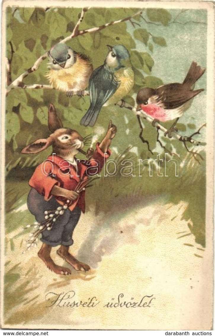 T2/T3 Húsvéti üdvözlet / Easter Greeting Card With Pipe Smoking Rabbit And Birds. Litho (EK) - Non Classificati