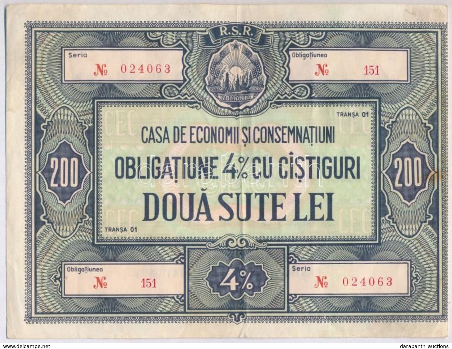 Románia ~1960-1980. 'Casa De Economi Si Consemnatiuni' 4%-os Kölcsön Kötvénye 200L-ről T:III Vágott
 Romania ~1960-1980. - Unclassified