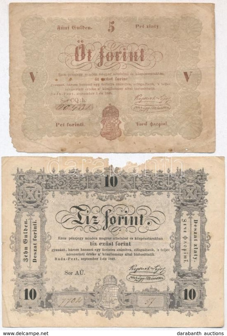 1848. 5Ft Barna + 10Ft 'Kossuth Bankó' T:III-,IV Anyaghiány - Ohne Zuordnung