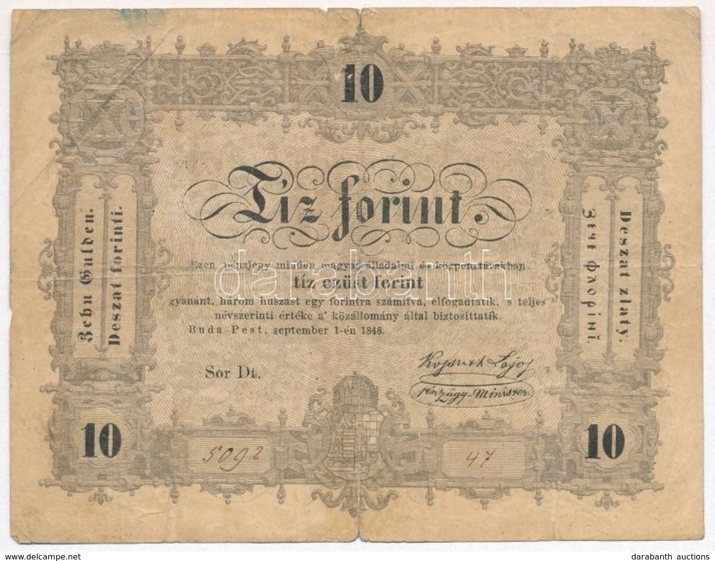 1848. 10Ft 'Kossuth Bankó' T:III-,IV
Adamo G111 - Unclassified