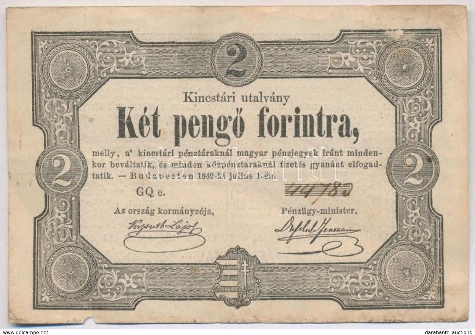 1849. 2Ft 'Kossuth Bankó' T:III,III- Kis Ly.
Adamo G108 - Unclassified