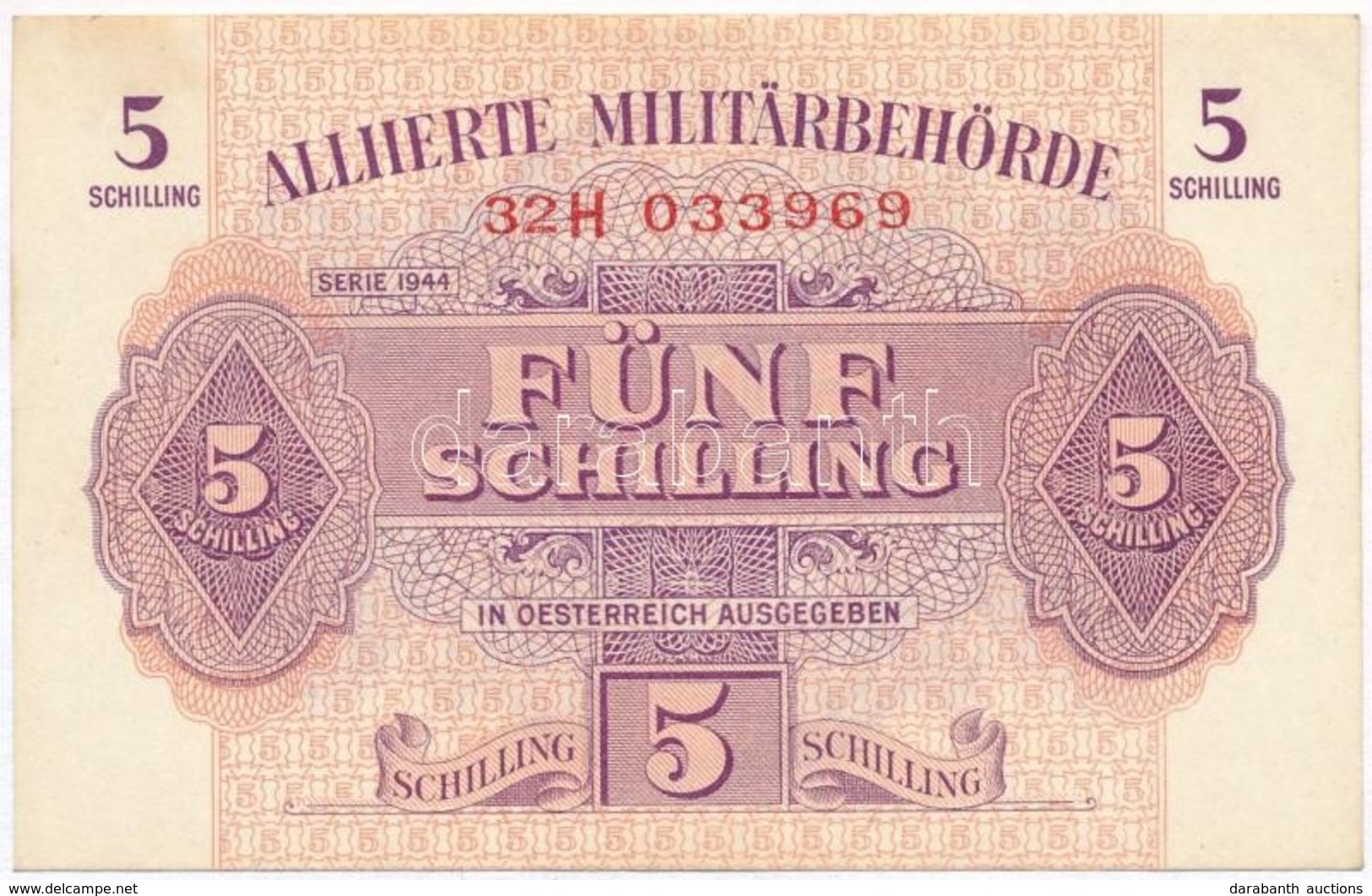 Ausztria / Szövetséges Megszállás 1944. 5 Sch T:I,I- 
Austria / Allied Occupation 1944. 5 Schilling C:UNC,AU 
Krause 105 - Unclassified