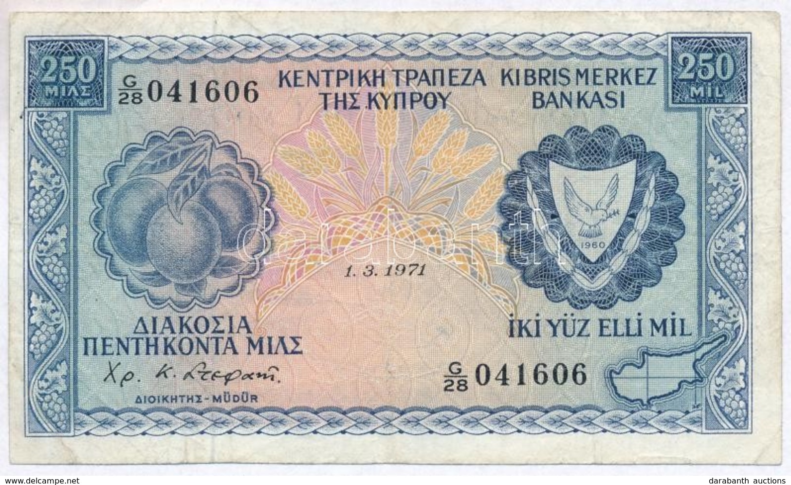 Ciprus 1971. 250M T:III-
Cyprus 1971. 250 Mils C:VG
Krause 41 - Unclassified