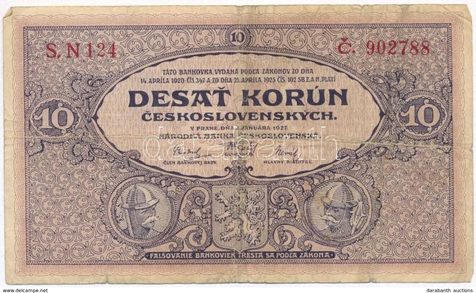 Csehszlovákia 1927. 10K T:III,III- 
Czechoslovakia 1927. 10 Korun C:F,VG
Krause 20 - Non Classificati