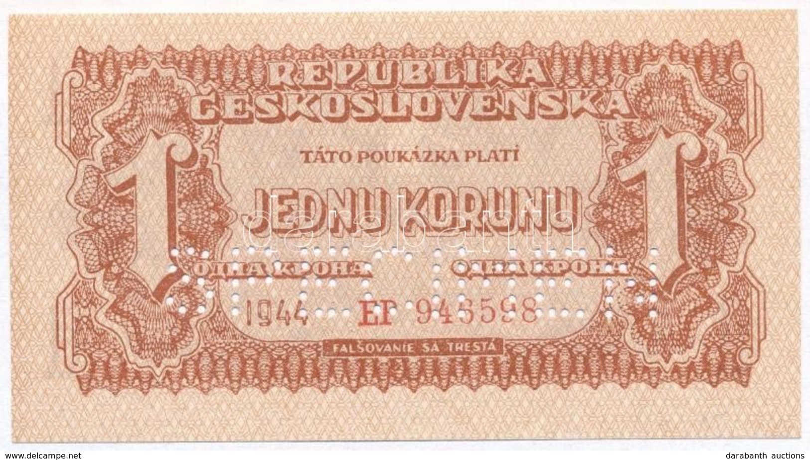 Csehszlovákia 1944. 1K 'SPECIMEN' Perforációval T:I
Czechoslovakia 1944. 1 Korun With 'SPECIMEN' Perforation C:UNC - Unclassified