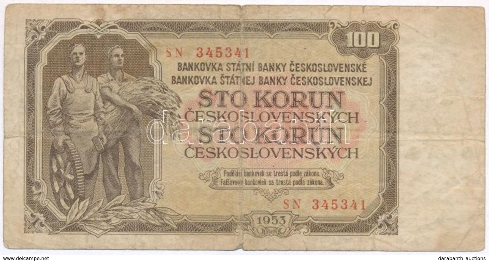 Csehszlovákia 1953. 100K T:III-
Czechoslovakia 1953. 100 Korun C:VG - Unclassified