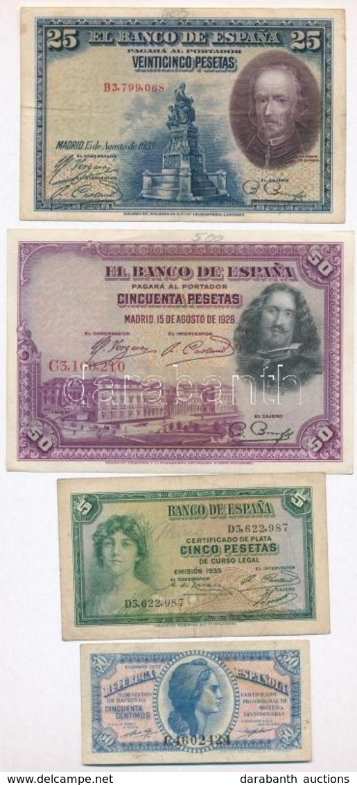 Spanyolország 1928. 25P + 50P + 1935. 5P + 1937. 50c T:III
Spain 1928. 25 Pesetas + 50 Pesetas + 1935. 5 Pesetas + 1937. - Unclassified