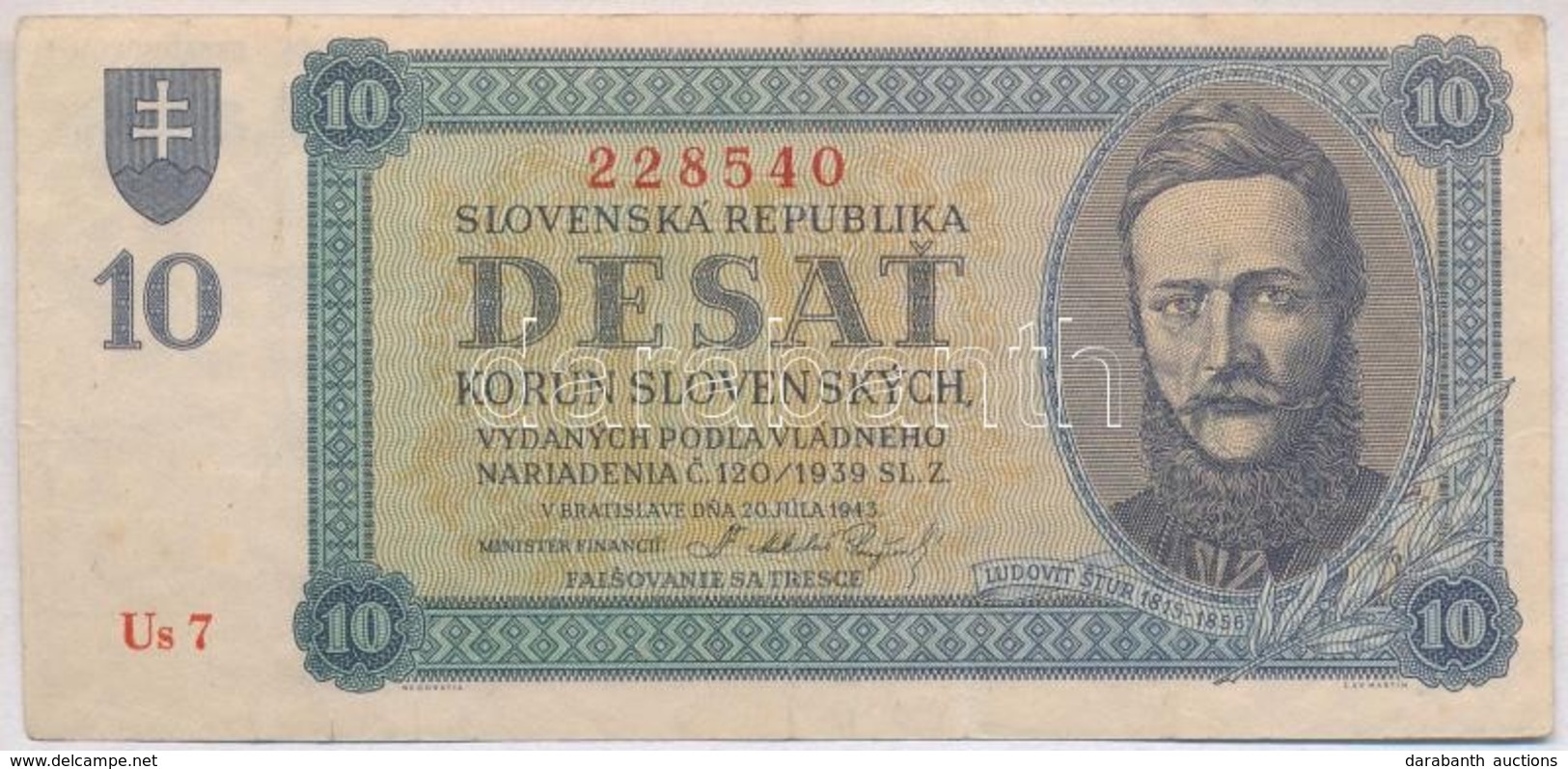 Szlovákia 1943. 10K T:III
Slovakia 1943. 10 Korun C:F - Unclassified