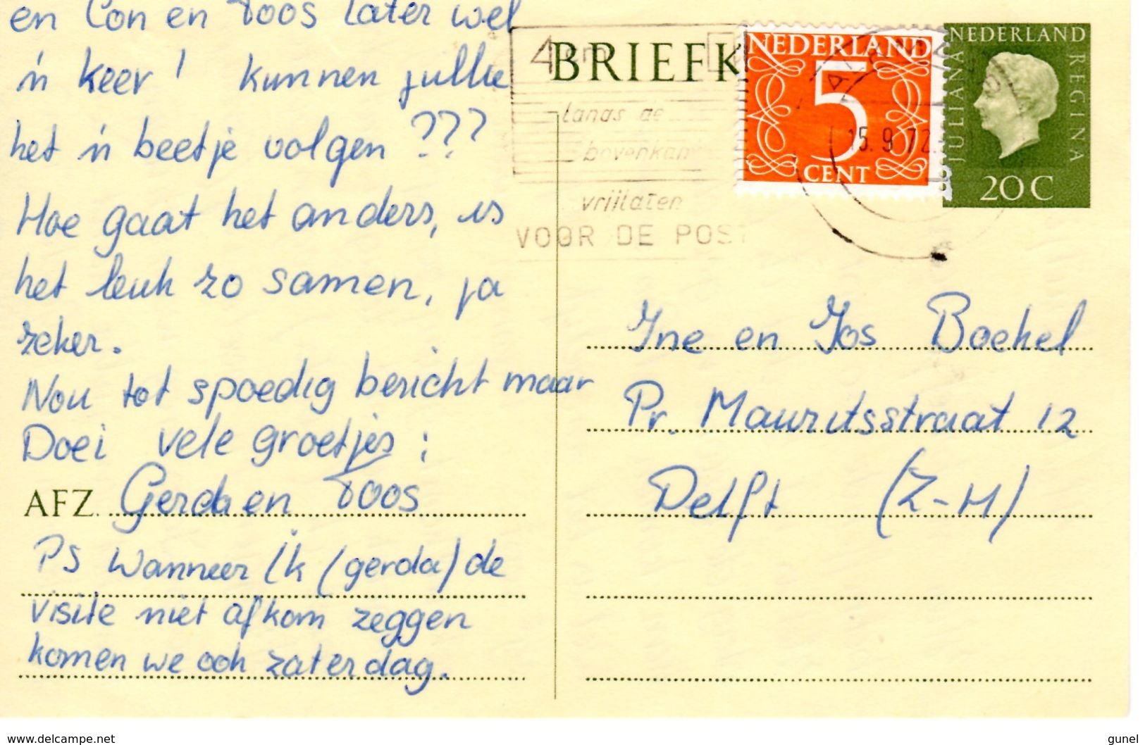 15-9-1972 Bijgefrankeerde Bk G342  Van Alkmaar Naar Delft - Postal Stationery