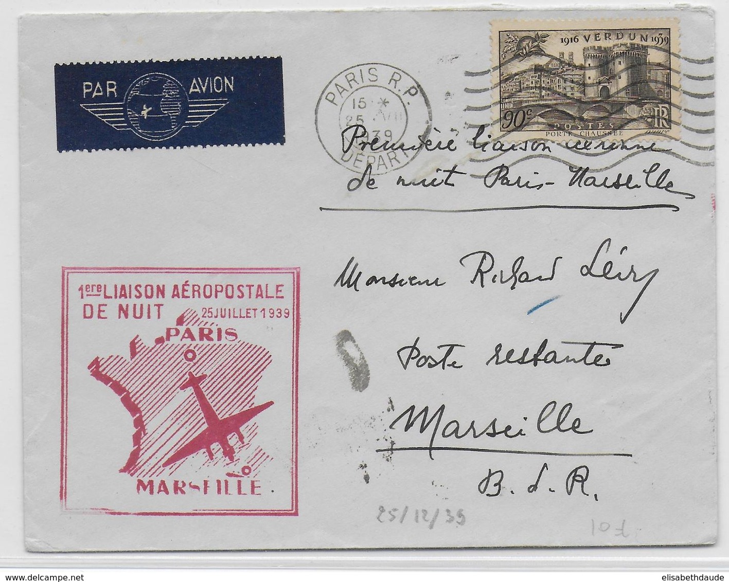 1939 - ENVELOPPE Par AVION "1° LIAISON AEROPOSTALE DE NUIT"  PARIS => MARSEILLE - 1927-1959 Lettres & Documents