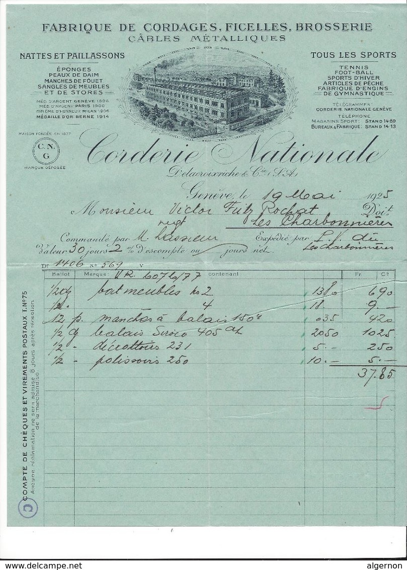 F80 -   Fabrique De Cordages Ficelles Brosserie Corderie Nationale Genève Facture En 1925 - Suisse