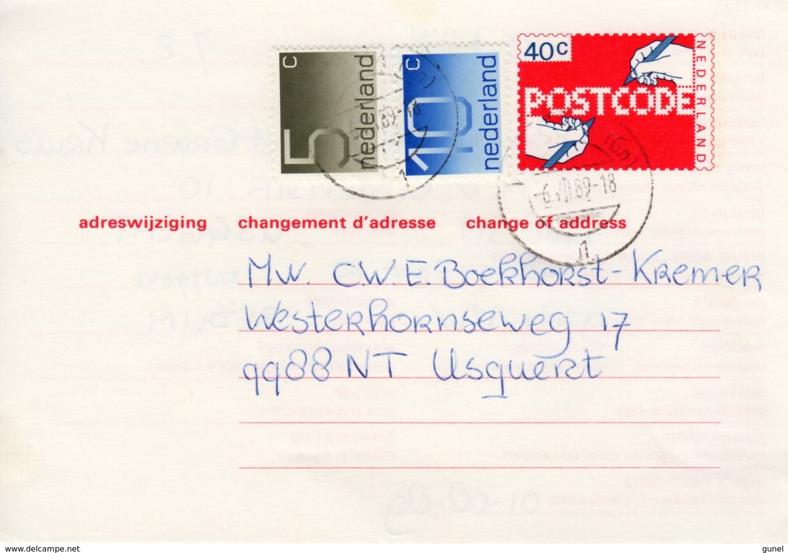 6-7-1989 Bijgefrankeerde Adreswijziging G44 Van Bedum Naar Usquert - Postal Stationery