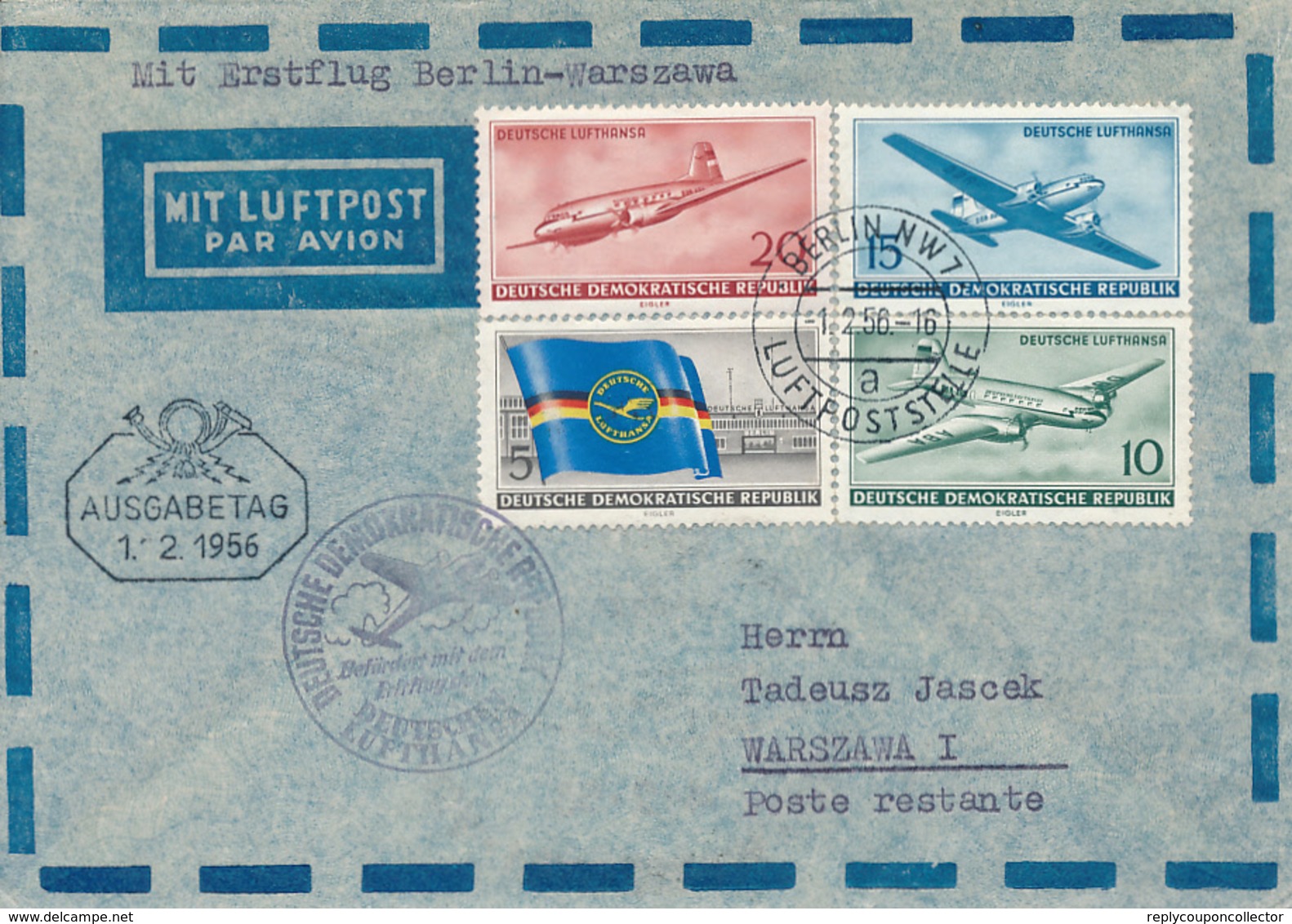 BERLIN -  1.2.56  FD  ,  First Flight , R-Brief  Erstflug Berlin - Warszawa - Briefe U. Dokumente