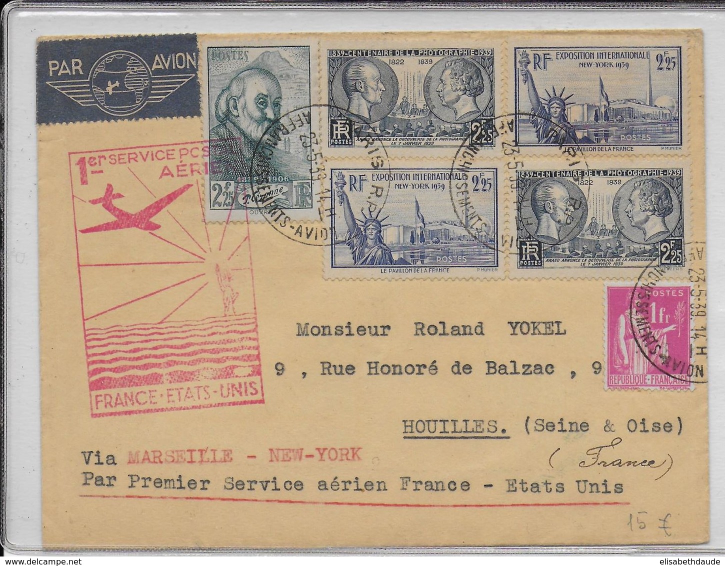 1939 - ENVELOPPE Par AVION "1° SERVICE AERIEN FRANCE - USA" - 1927-1959 Storia Postale