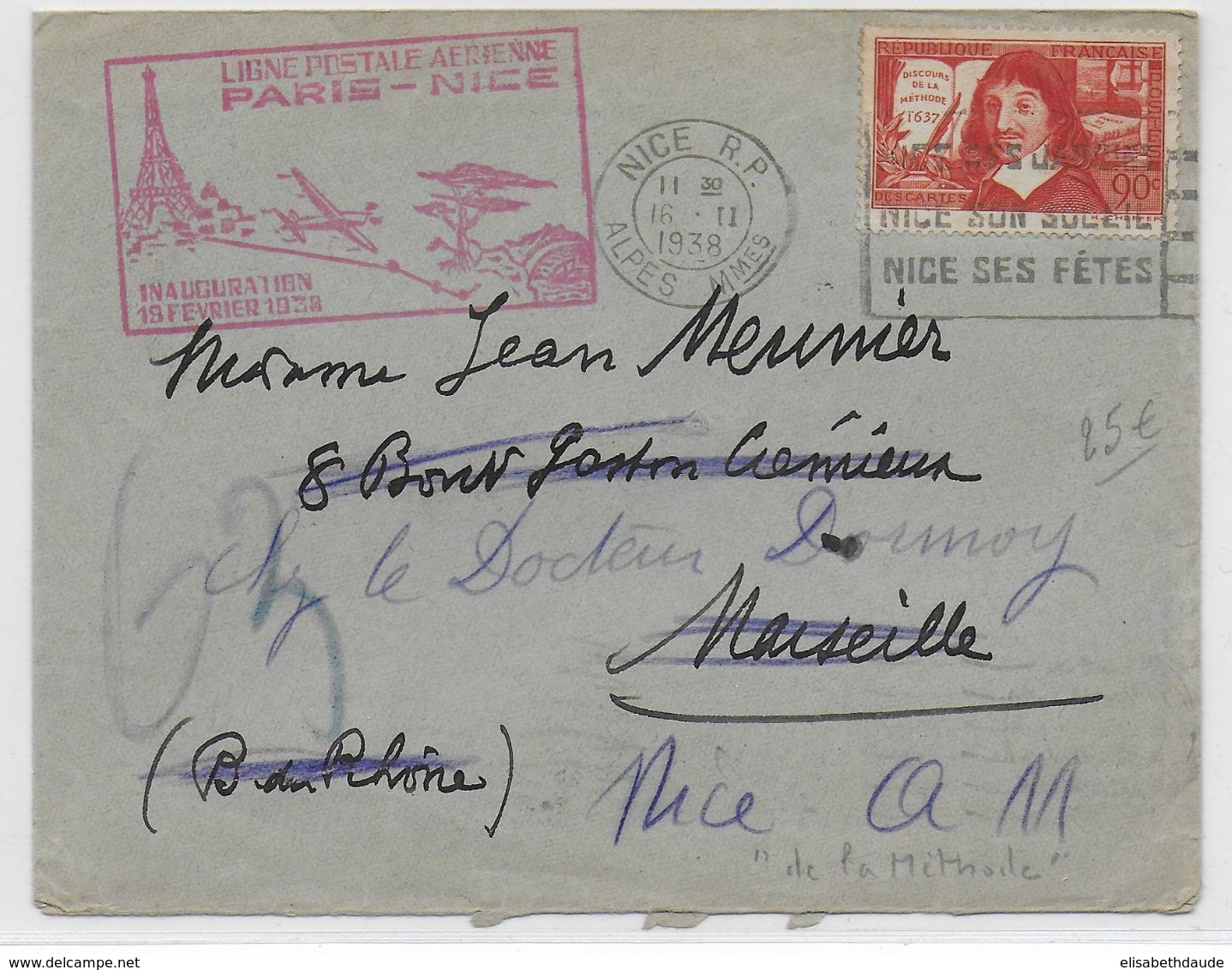 1938 - ENVELOPPE Par AVION "1° LIAISON POSTALE AERIENNE" PARIS => NICE - 1927-1959 Lettres & Documents