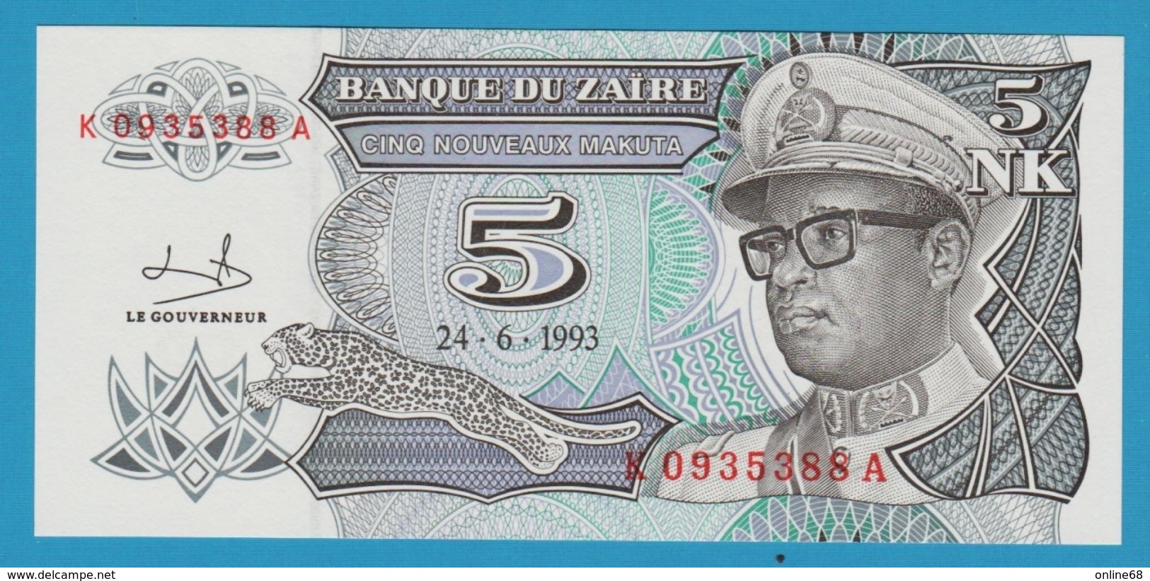 ZAIRE 	5 Nouveaux Makuta  (Joseph Désiré) Mobutu 	24.06.1993	K 0935388 A P# 48 - Zaire