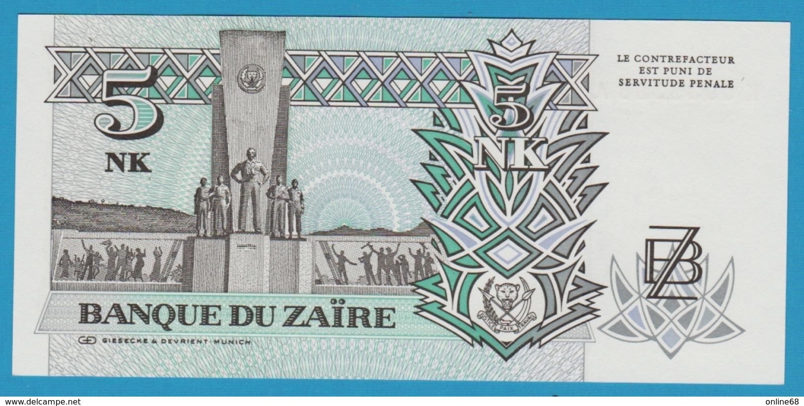 ZAIRE 	5 Nouveaux Makuta  (Joseph Désiré) Mobutu 	24.06.1993	K 0935388 A P# 48 - Zaire