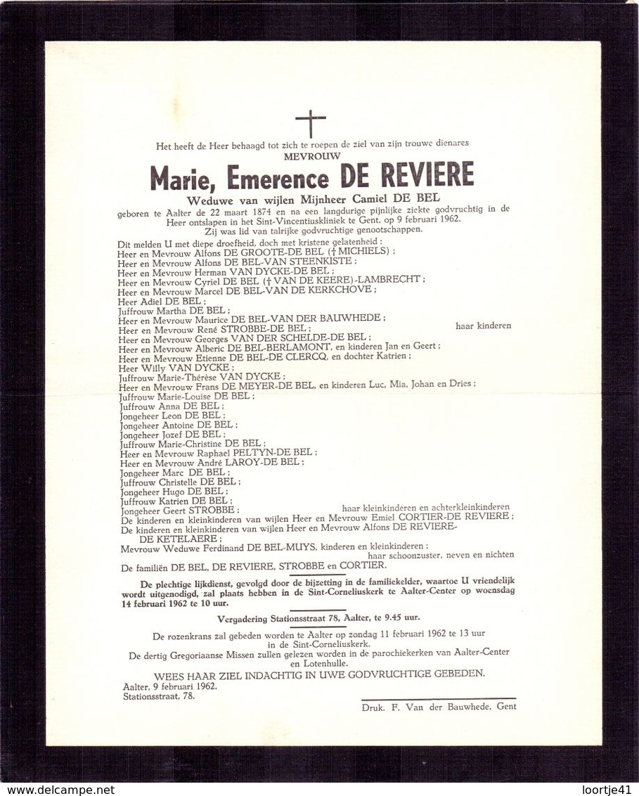 Devotie - Doodsbrief Overlijden - Marie Emerence De Reviere - Aalter 1874 - Gent 1962 - Obituary Notices