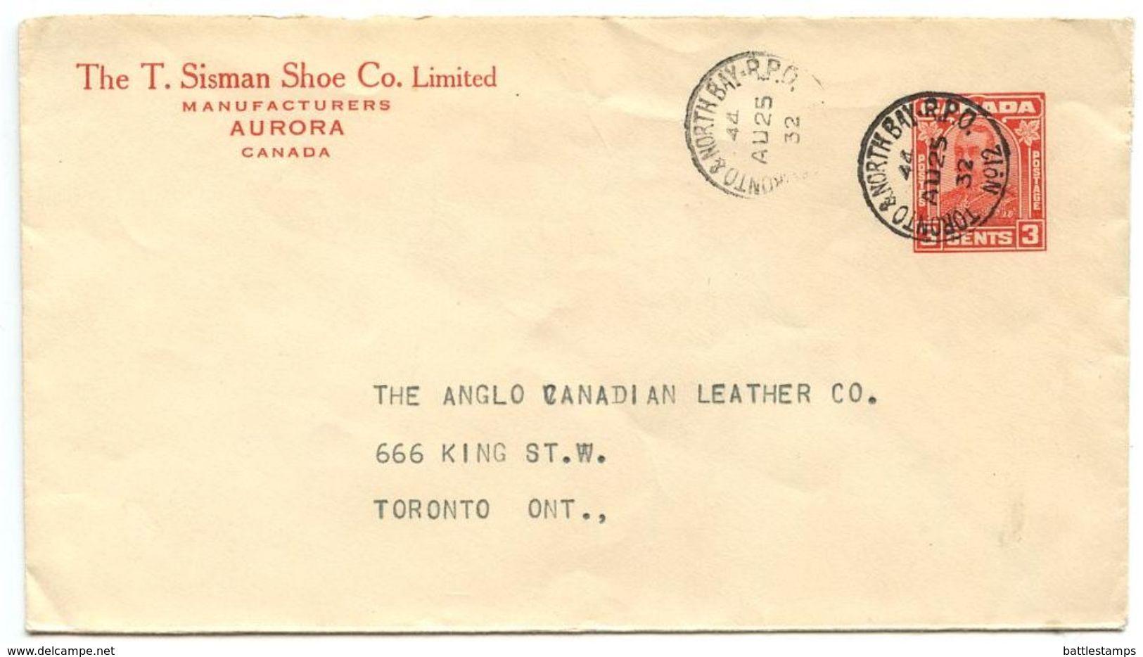Canada 1932 UX44 Postal Envelope Toronto & North Bay R.P.O. Postmark - 1903-1954 Reyes