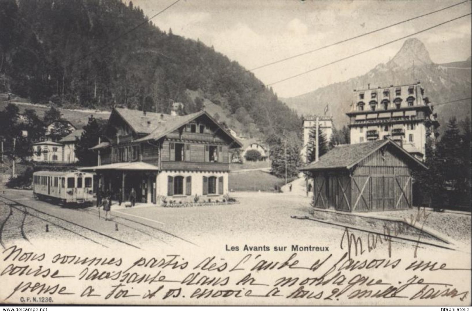 CPA Suisse Les Avants Sur Montreux Train En Gare Cachet Hôtel De Jaman Circulée 1904 - Montreux