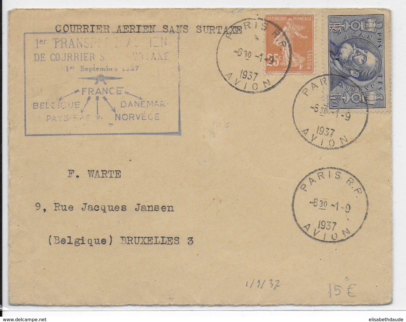 1937 - ENVELOPPE Par AVION "1° COURRIER AERIEN SANS SURTAXE" FRANCE => BELGIQUE - 1927-1959 Lettres & Documents