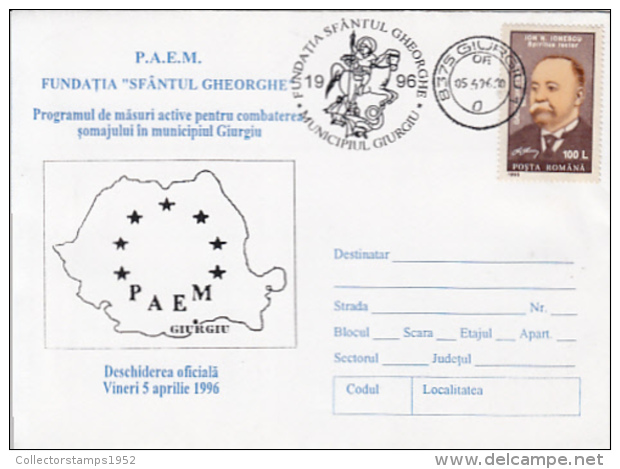 69500- GIURGIU- ST GEORGE FOUNDATION, SPECIAL COVER, 1996, ROMANIA - Cartas & Documentos