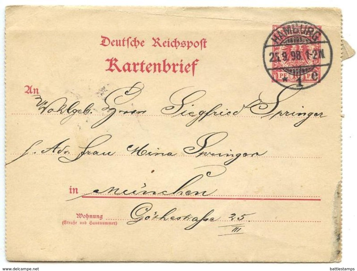 Germany 1898 1pf Eagle Letter Card Hamburg To München - Other & Unclassified