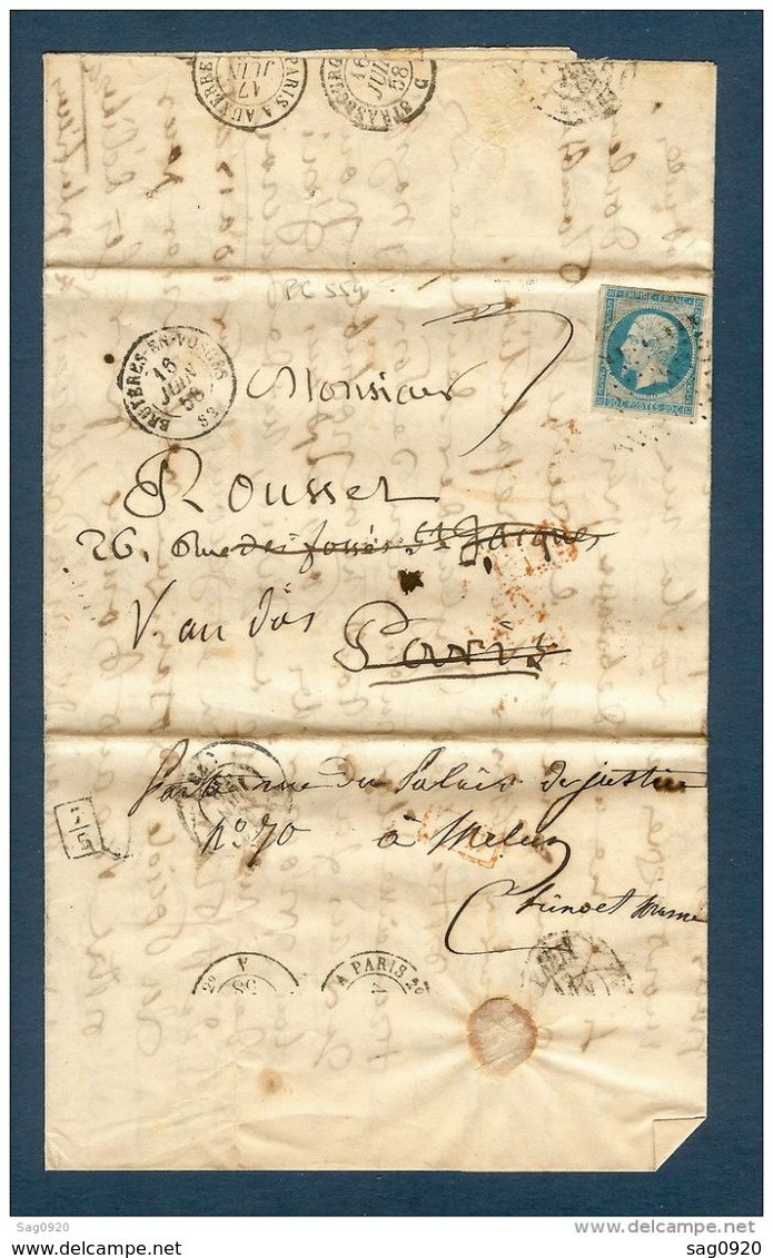 Lettre-N°14-Cachet Bruyères En Vosges-Redirigée-Plusieurs Cachet Ambulants Au Dos - 1849-1876: Période Classique