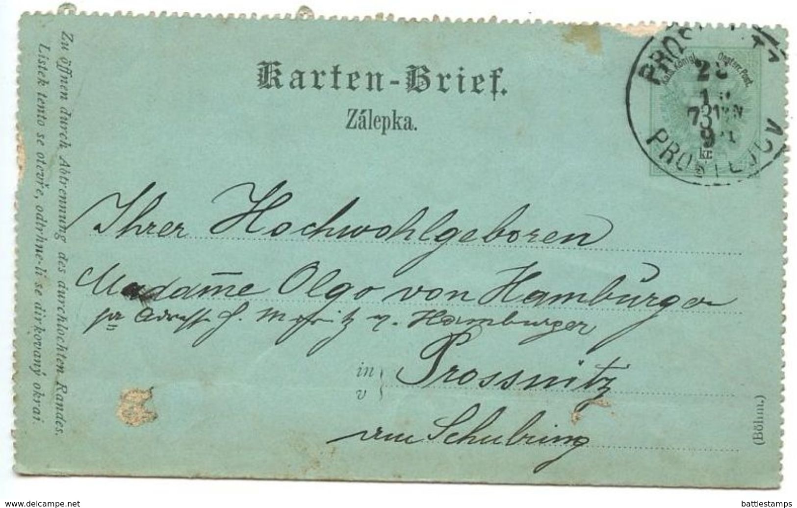 Austria 1890 3kr Letter Card Prossnitz (Prostějov) Postmark - Cartas-Letras