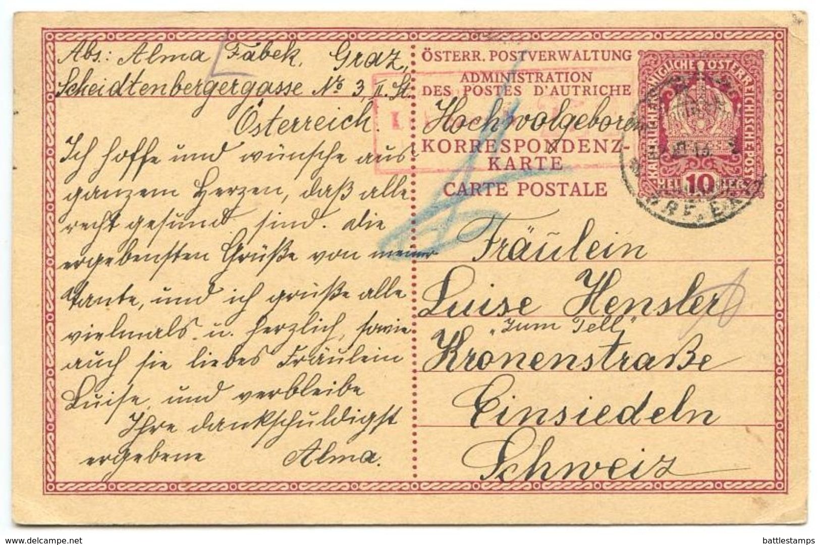 Austria 1918 10h Crown Postal Card Graz To Einsiedeln, Switzerland - Cartes Postales