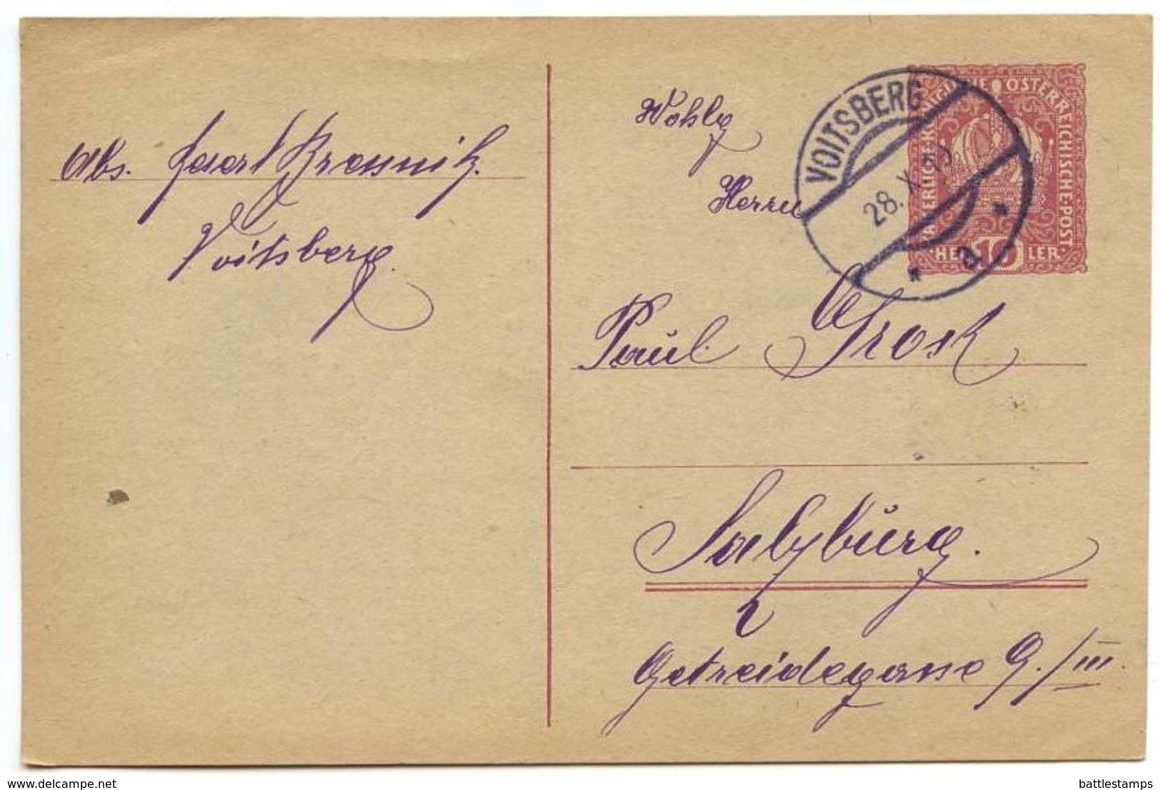 Austria 1919 10h Crown Postal Card Voitsberg To Salzburg, Getreidegasse 9 - Postkarten