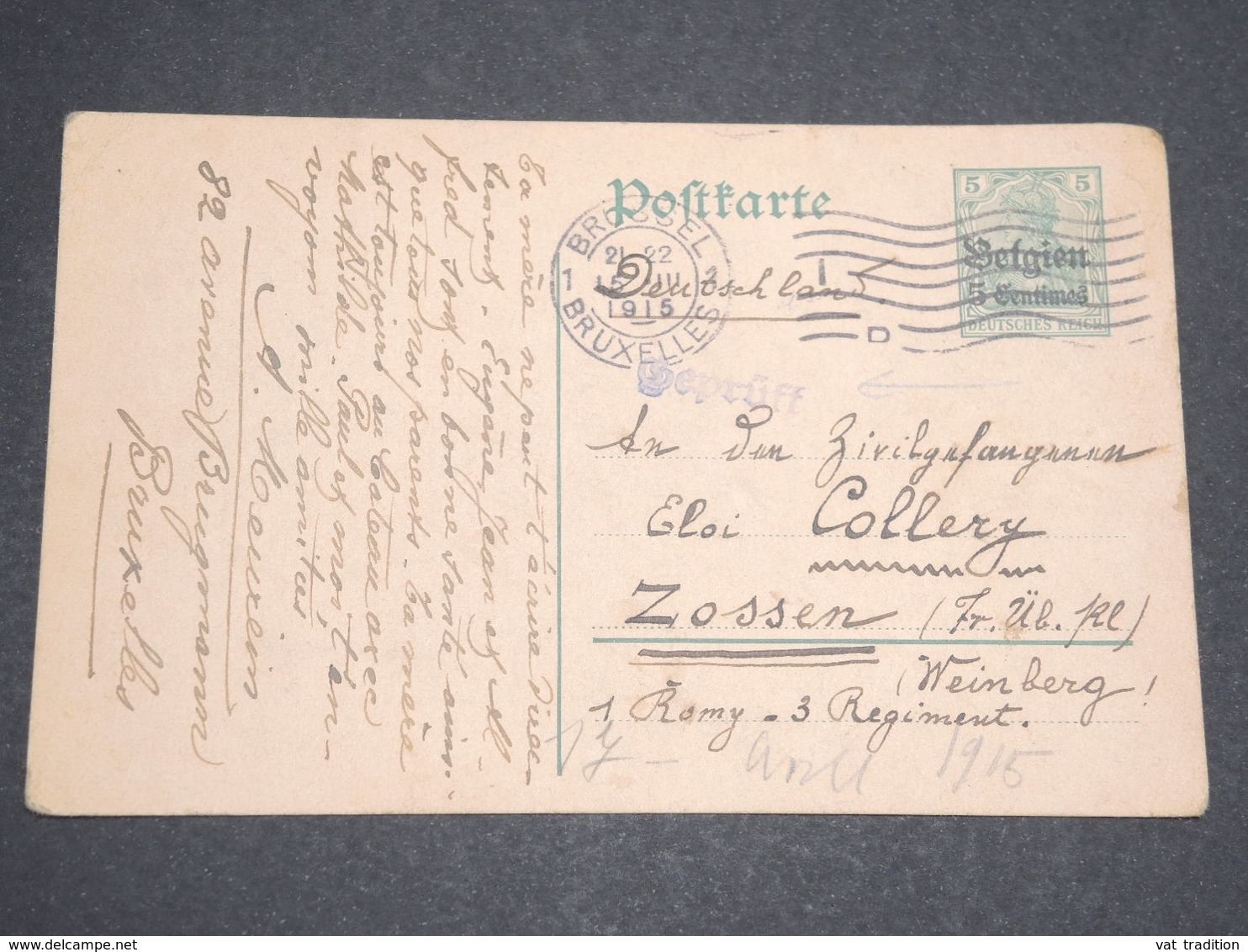 BELGIQUE - Entier Postal De Bruxelles Pour Zossen En 1915 -  L 13579 - Occupazione Tedesca