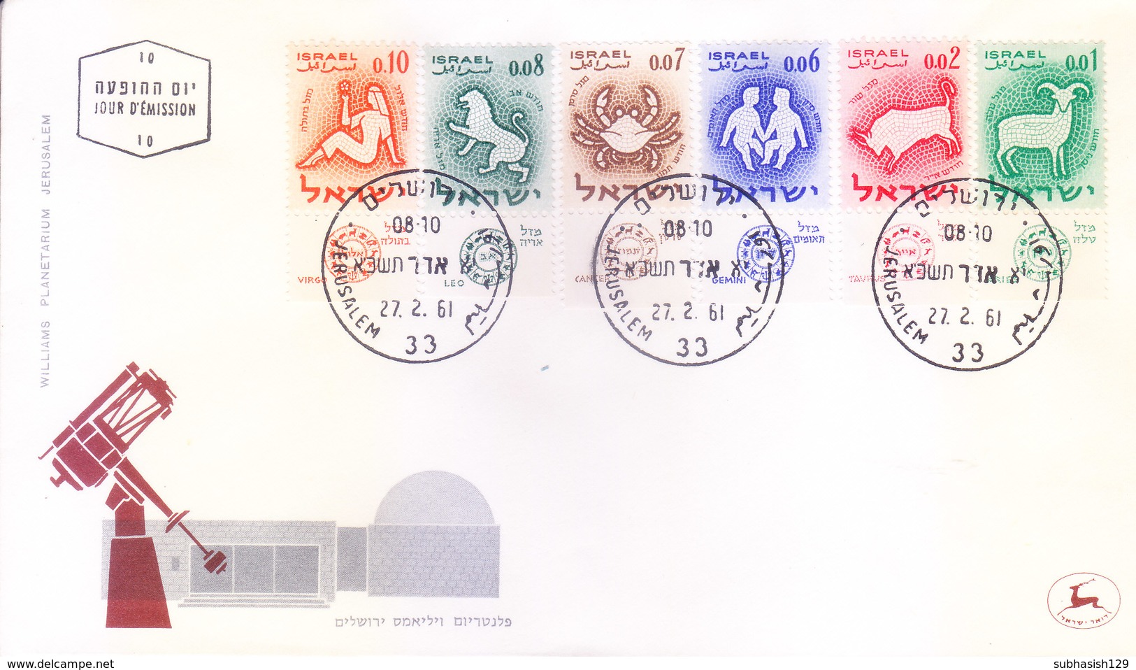 ISRAEL : FIRST DAY COVER : 27-02-1961 : ISSUED FROM JERUSALEM : WILLIAM PLANETARIUM : USE OF TAB STAMPS : 6v COMPLETE - Lettres & Documents